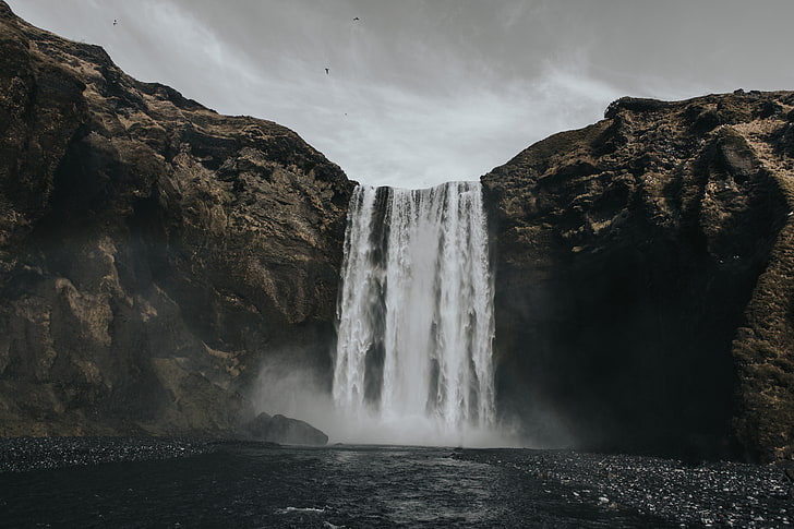 Skogafoss Falls, Iceland, waterfall, hills, river, nature, scenics