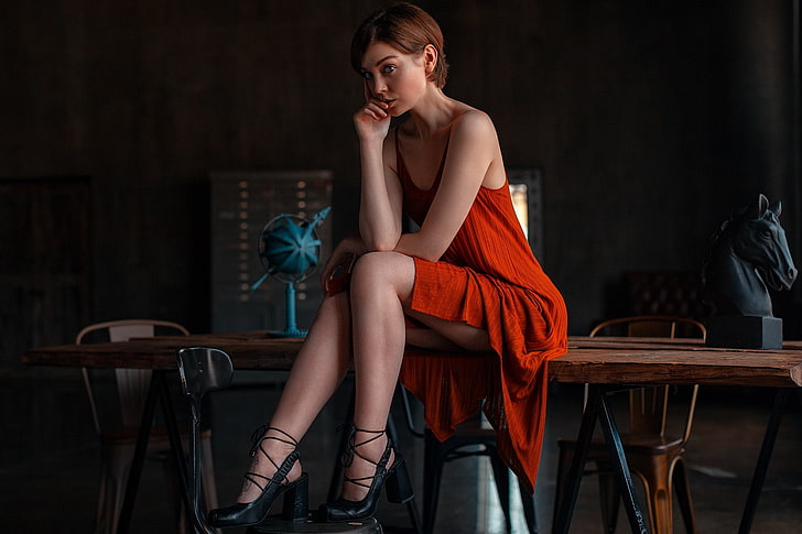 Olya Pushkina, women, model, portrait, indoors, sitting, chair, HD wallpaper