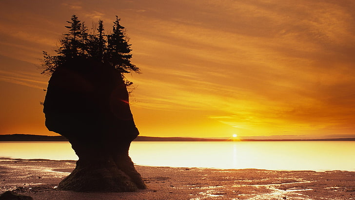 nature, rock formation, Canada, coast, sea, orange sky, sunset
