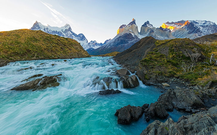 nature, landscape, Chile, mountains, sunset, river, rapids, HD wallpaper