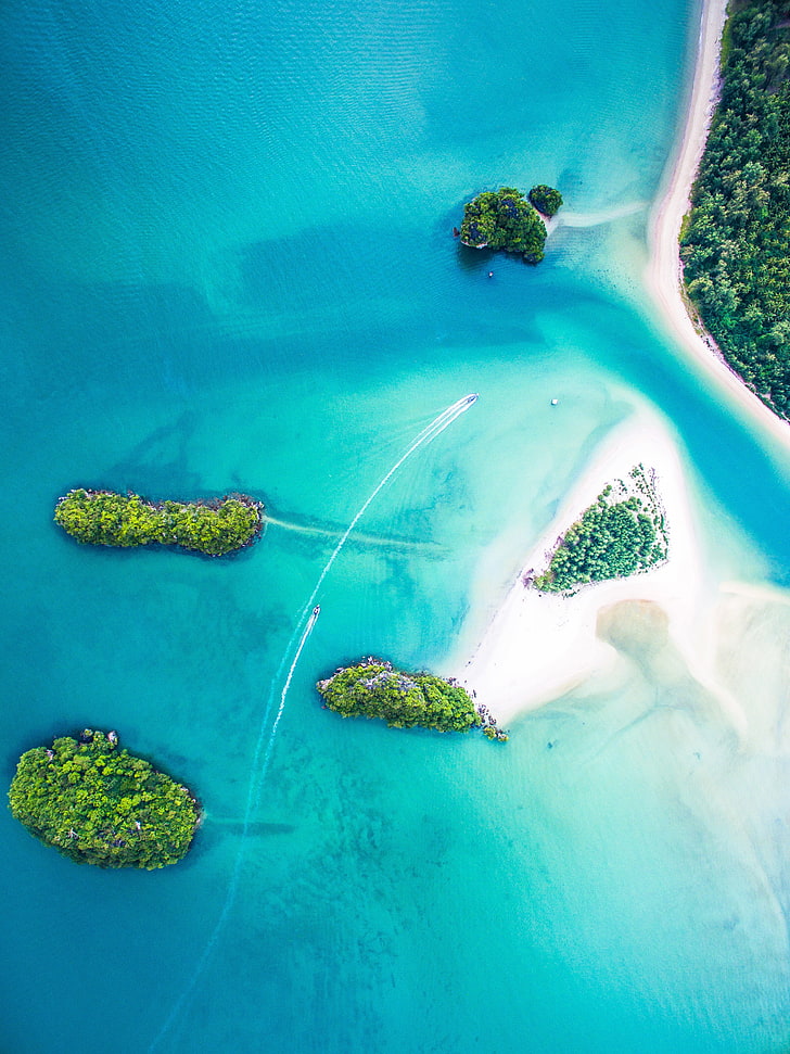 aerial view of islands, water, trees, tropical, sea, underwater, HD wallpaper