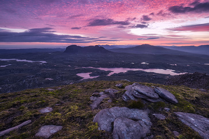 aerial view of mountain with body of water during sunset, suilven, suilven