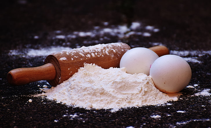 dough with rolling pin and eggs, flour, pastries, food, baking