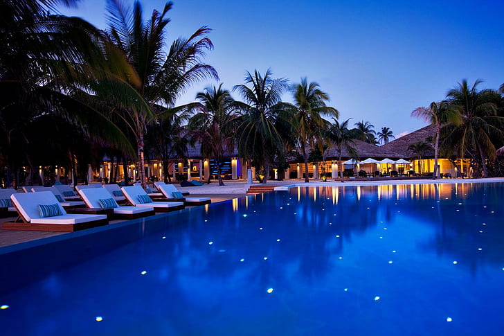 Pool Lights, swimming, island, hotel, exotic, evening, twilight, HD wallpaper