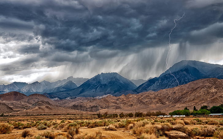 Eastern Sierra, Nevada, mountains, desert, lightning, low angle photography of mountain and clouds, HD wallpaper
