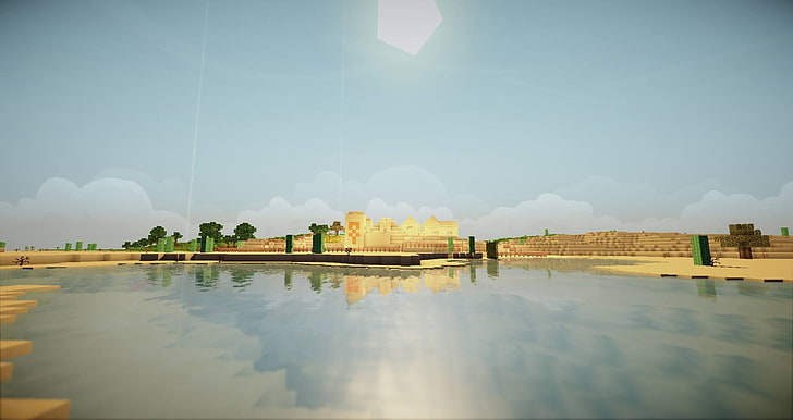brown wooden building, Minecraft, sky, reflection, water, architecture