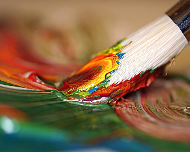 white paint brush, close up photography of paintbrush dipped on multicolored paint, HD wallpaper