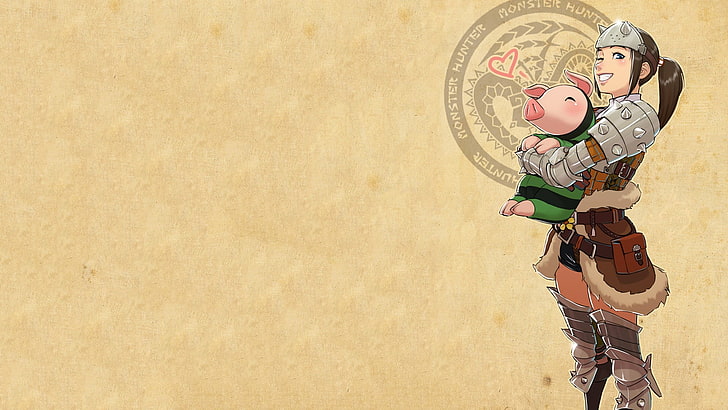 female carrying pig character wallpaper, Monster Hunter, men