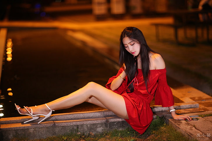 women's red long-sleeved dress, Asian, model, brunette, sitting