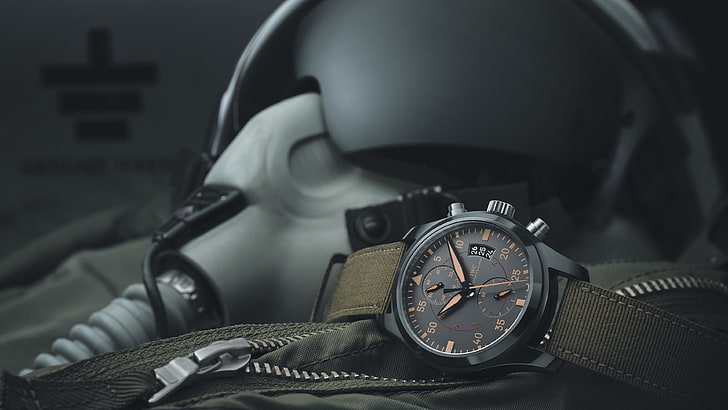round black chronograph watch with green leather strap, helmet, HD wallpaper
