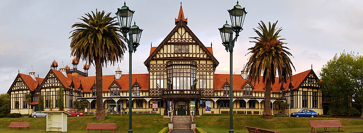 New Zealand Rotorua Museum, orange and white concrete house, Oceania