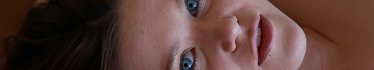 women, triple screen, face, blue eyes, HD wallpaper
