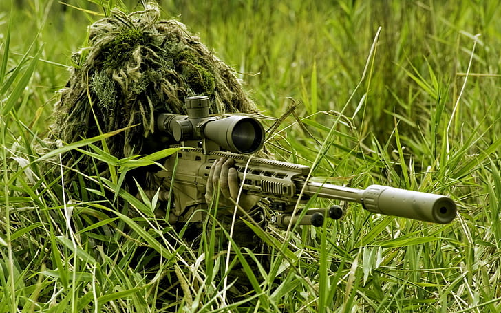 military, sniper rifle, ghillie suit, soldier, men, HD wallpaper