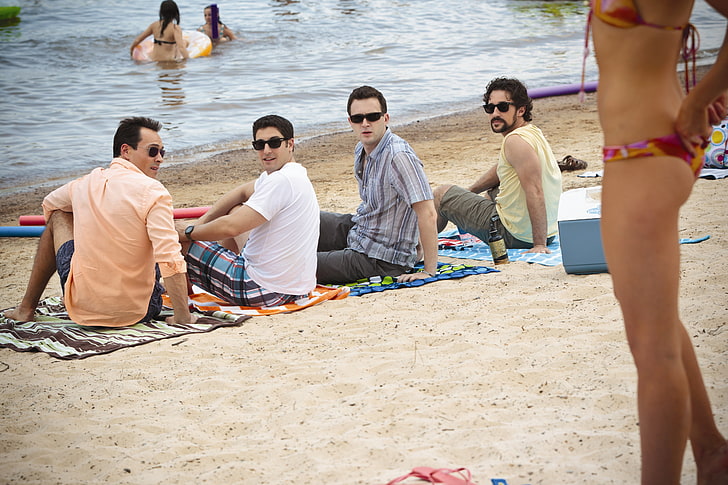 men's white t-shirt, beach, girl, Steve Stifler, Jason Biggs