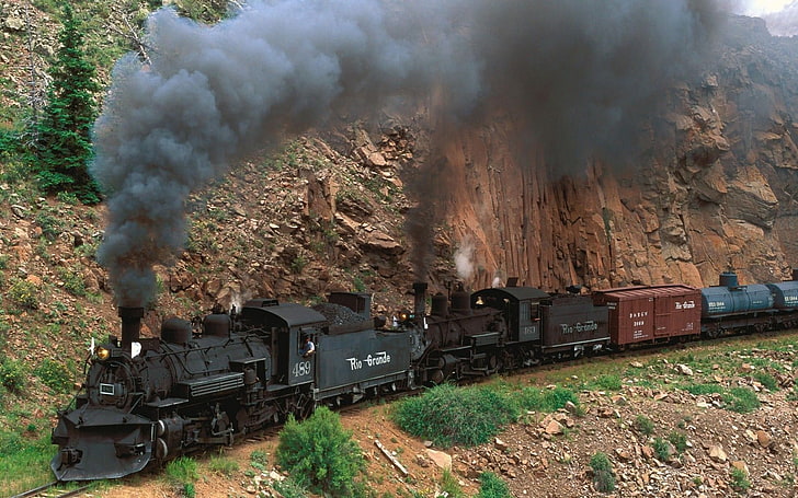 black and brown steam locomotive train, cliff, freight train