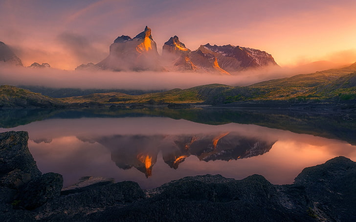 mountains photography, mist, nature, landscape, lake, Torres del Paine, HD wallpaper