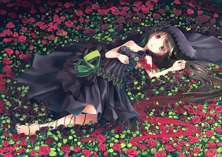 anime girl, heterochromia, black dress, flowers, gothic, one person