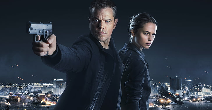 Matt Damon, Alicia Vikander, Jason Bourne, night, weapon, adult, HD wallpaper