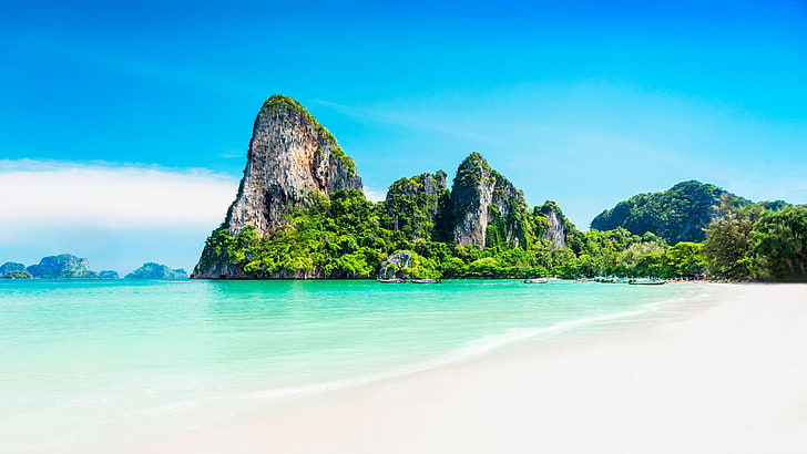 krabi, thailand, tropical, beach, white sand, sandy, blue sky, HD wallpaper