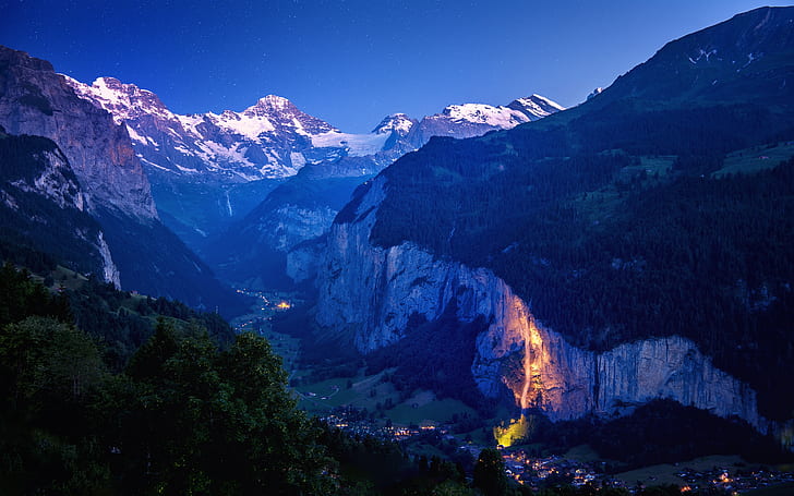Lauterbrunnen Valley, mountains, stars, tree, landscape, HD wallpaper