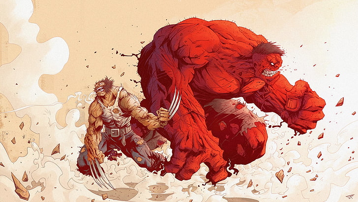 Red Hulk and Wolverine illustration, Marvel Comics, artwork, X-Men