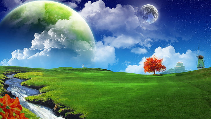 fantasy, grass, landscape, field, meadow, sky, rural, summer, HD wallpaper