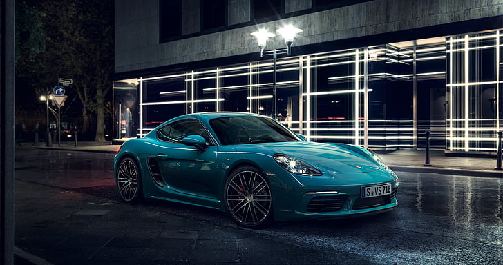 blue Porsche Cayman S on street during night time, HD, 4K