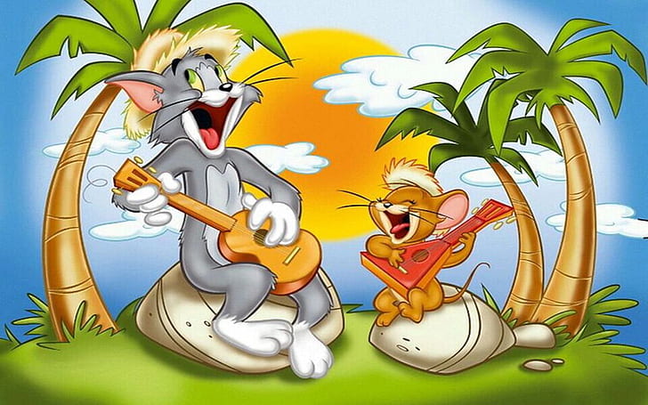Tom And Jerry Playing Singing Songs Island Palm Trees Beautiful Wallpaper Hd For Desktop 1920x1200d For Desktop 1920×1200, HD wallpaper