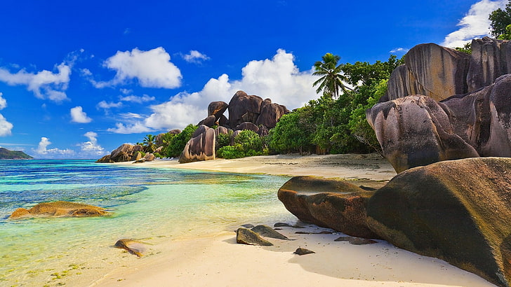 rock, seychelles, la digue, cliff, tourism, sandy beach, water, HD wallpaper