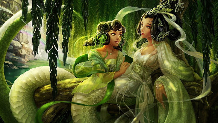 two women painting, artwork, fantasy art, Lamia, mythology, vines