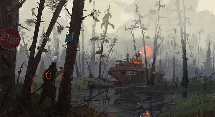 environment, boat, forest, signs, swamp, mist