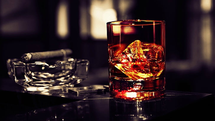 clear rock glass cup, drink, alcohol, ice cubes, cigars, smoking, HD wallpaper