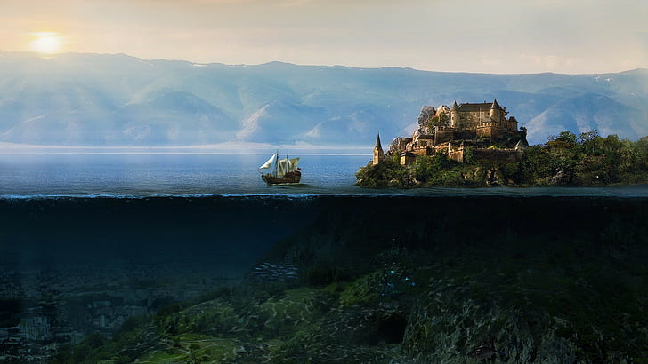 sunken cities, underwater, split view, fantasy art, sailing ship, HD wallpaper