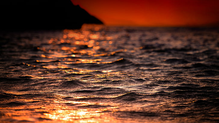 Summer night on sea, body of water, light, sun, Heat, waves, shine, HD wallpaper