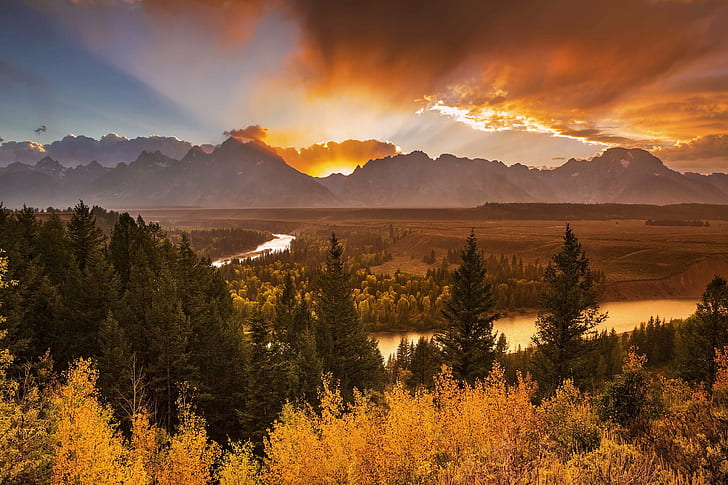 landscape photo of trees near river and mountain, Explosion, jackson  hole, HD wallpaper