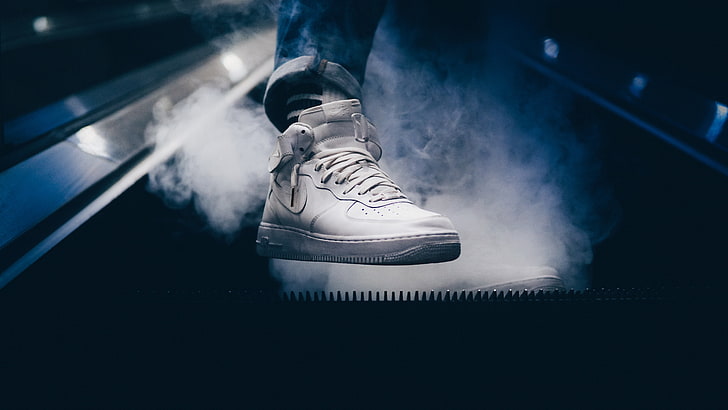 unpaired white Nike Air Force 1 shoe, sneaker, foot, smoke, sport