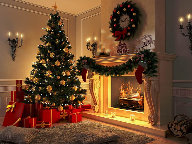 decoration, toys, tree, New Year, Christmas, fireplace, design, HD wallpaper