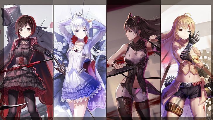 four anime characters illustration, RWBY, Weiss Schnee, Ruby Rose (character), HD wallpaper