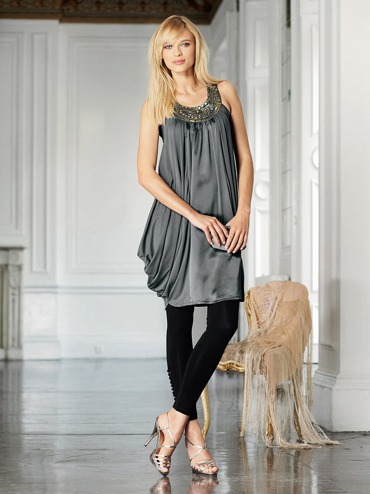 women's gray grecian-neck dress, Anna Tokarska, blonde, high heels