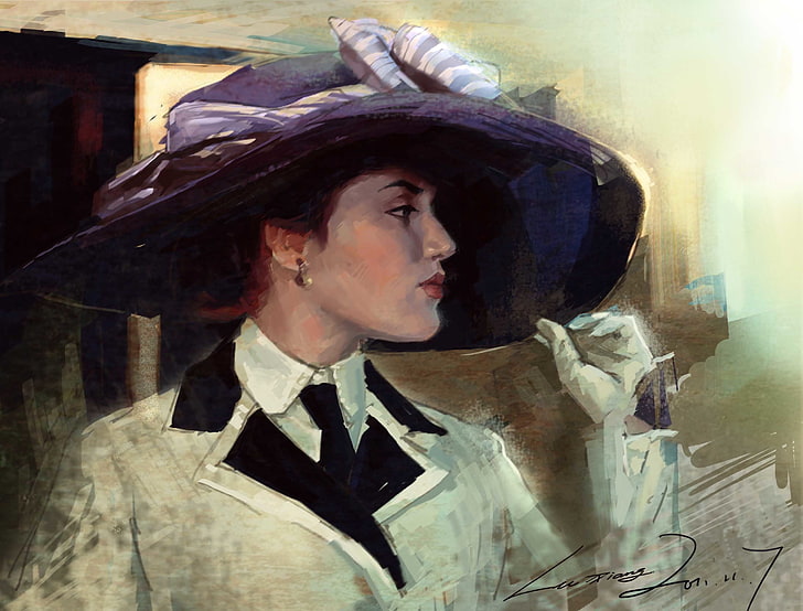 woman in blue sun hat painting, girl, art, gloves, Titanic, Kate Winslet