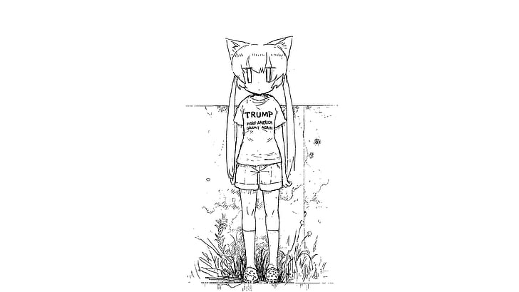 anime girls, simple background, cat ears, monochrome, Donald Trump, HD wallpaper