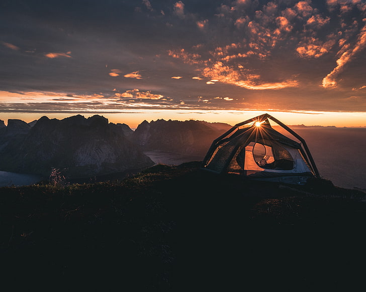 black and gray dome tent, mountains, landscape, camping, sunrise