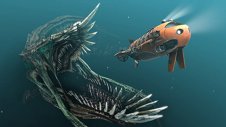 Submarine Monster Giant Underwater HD, orange submarine illustration, HD wallpaper