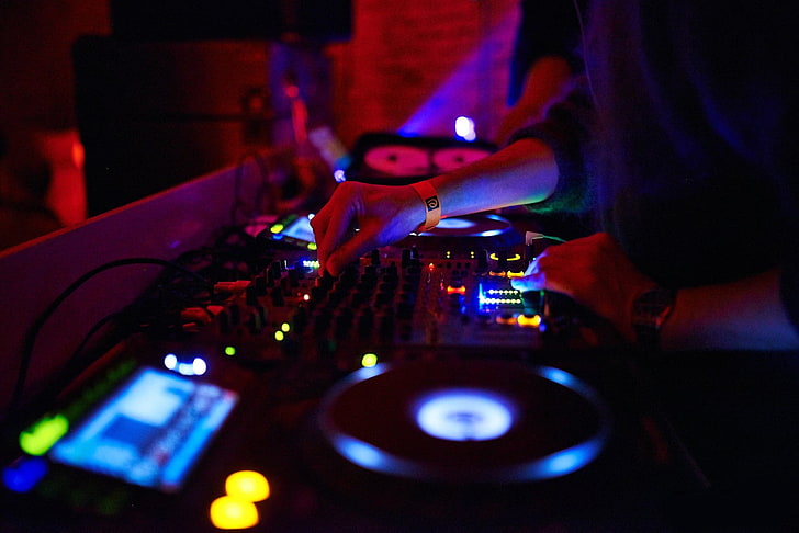 turntables, mixing consoles, DJ, music, human hand, nightlife