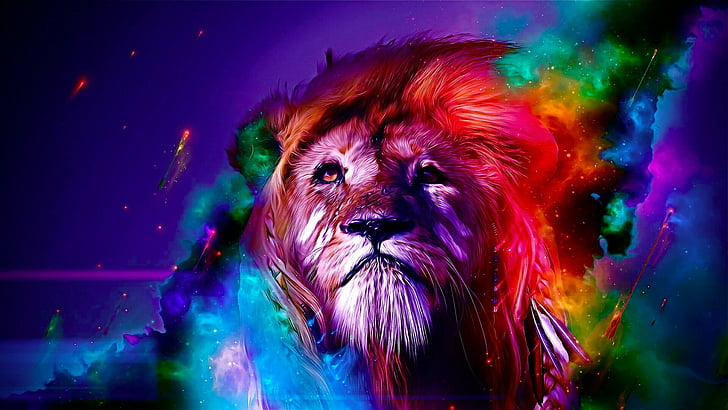 colorful, digital art, lion, HD wallpaper