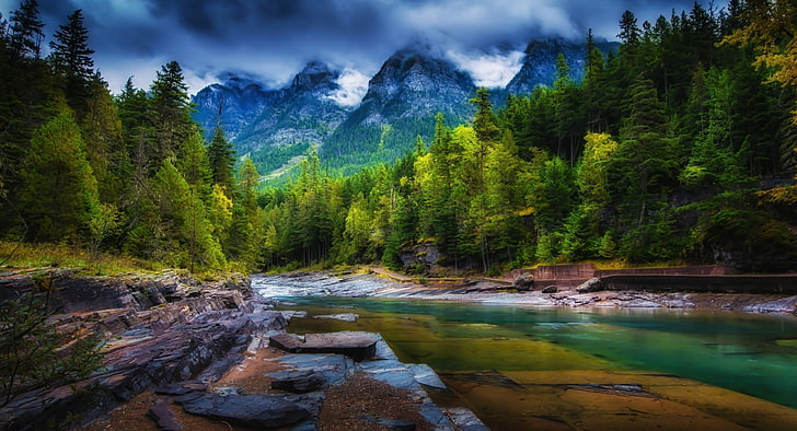 mountains, clouds, forest, river, trees, spring, green, nature