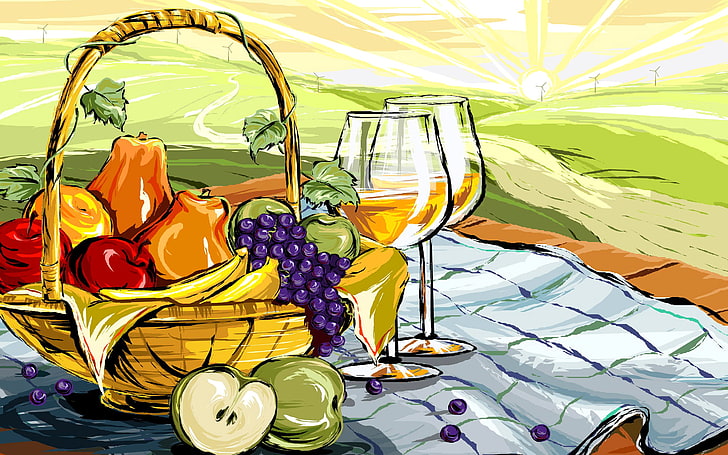 brown basket illustration, landscape, wine, apples, figure, glass