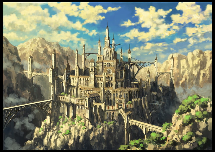 gray castle illustration, fantasy art, bridge, auto post production filter