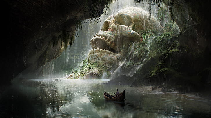 boat, skull, art, fantasy, journey, Quentin Mabille, Skull Cave