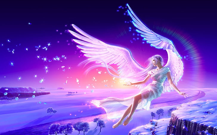 angel digital wallpaper, girl, flying, wings, lights, blue, people